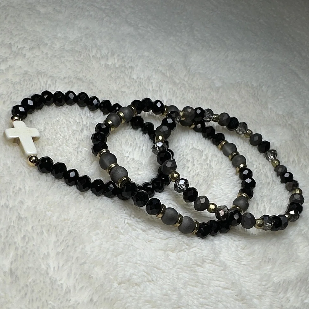 Beaded Bracelet Set of 3 w/Cross Charm on Black & Mirrored Grey & Gold Tone NWOT